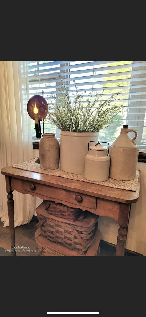 General Store Decorating Ideas, Decorating With Jugs And Crocks, Old Fashioned Decorating Ideas, Antique Whiskey Jug Decor Ideas, Old Jugs Decor, Antique Grain Sifter Decor, Crock Jug Decor Ideas, Vintage Jugs Decor, Decorating With Crocks Kitchen