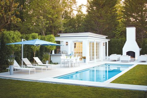 Outdoor Pool With Fireplace, Pool Fireplace Backyard, Pool Fireplace Ideas, Fenced In Pool Ideas, Fiber Glass Pool Ideas Backyard, White Pool House, Pool With Fireplace, Small Pool House Designs, Overgrown Backyard