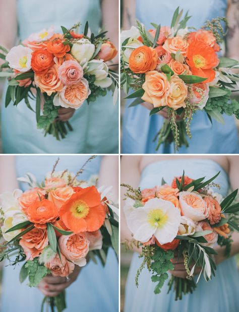 Cuadrante superior derecho Orange Bridal Bouquet, Coral Wedding Flowers, Vintage Bouquet Wedding, Coral Bridesmaid, Orange Wedding Flowers, Sf Wedding, Blue Wedding Bouquet, Bridesmaid Bouquets, Northern California Wedding