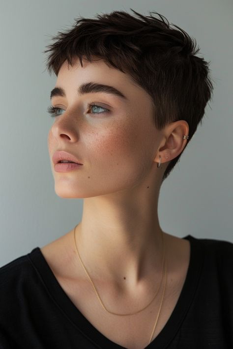 A person with short brown hair and piercing looks to the side wearing a black top and thin gold necklace. Hairstyles For Very Very Short Hair, Trend Short Hair Styles 2024, Super Short Womens Hair, Very Short Haircut Women, Female Buzzcut Aesthetic, Short Hair With Fade, Pixie Hair Women, Buzz Cut On Women, Short Hair For Fine Straight Hair