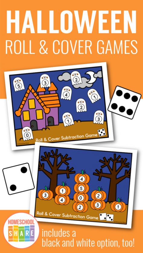 Halloween Roll and Cover Math Games - Homeschool Share Halloween Roll And Cover Free, Halloween Roll And Cover, Halloween Math Games, Roll And Cover, Pumpkin Games, Pumpkin Life Cycle, Subtraction Games, Addition Games, Halloween Math