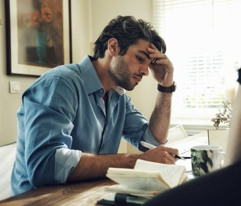 Writing In Notebook Pose, Person At Desk Drawing Reference, Desk Pose Reference, Man Sitting At Desk, Twin Guys, Sitting At Desk, Tired Man, Low Angle Shot, Art Style Challenge