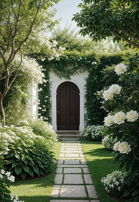 29 Stunning Aesthetic Gardens to Inspire Your Green Thumb 42 Garden With White Flowers, Green White Garden, Garden White Flowers, White Garden Wall Ideas, Garden Design Plans Landscape, Green And White Landscaping, Side Garden Ideas, All White Garden, Aesthetic Gardens