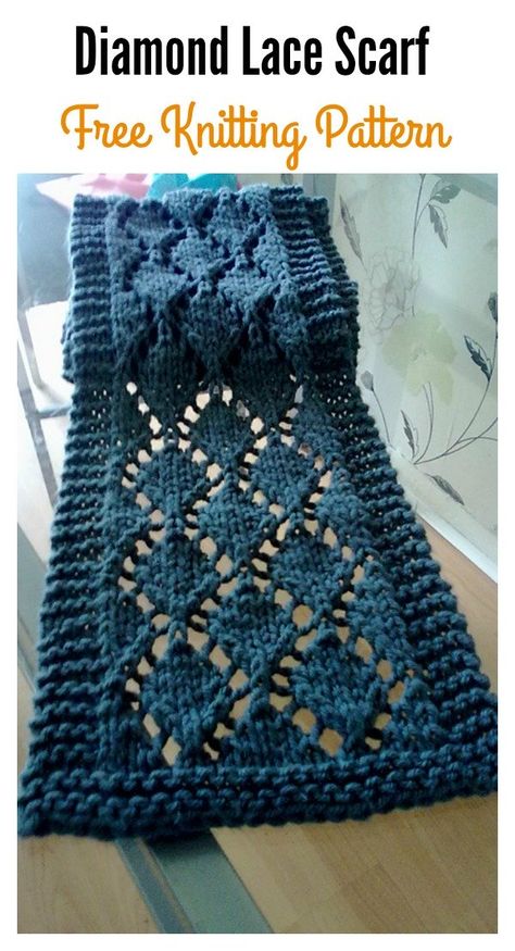 Easy Diamond Lace Scarf Free Knitting Pattern Easy Scarf Knitting Patterns, Poncho Knitting, Headband Knit, Knitting Scarf, Knitting Lace, Sweaters Knitted, Knitting Patterns Free Scarf, Scarf Knitted, Free Scarf