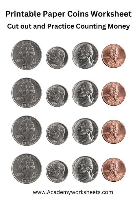 quarters, pennies, nickels and dimes cut out and use to teach your child or student all about money. Coin Template Free Printable, Printable Coins Play Money, Coins Printable, Fake Coins Printable, Play Money Printable Free, Printable Money, Coins Art Ideas, Printable Play Money, Money Template