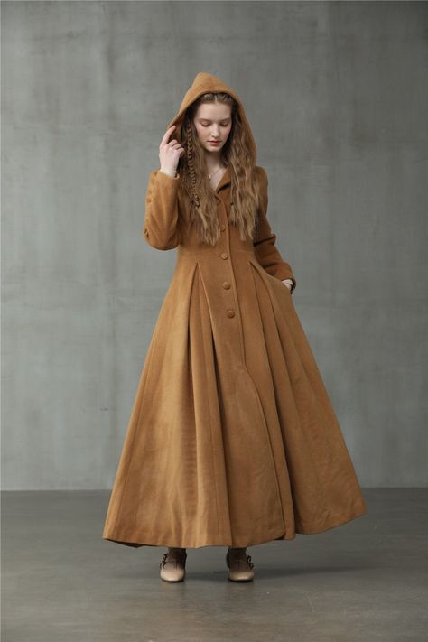 Retro Hooded Wool Coat Maxi Camel Coat Cashmere Wool Coat - Etsy Light Yellow Dresses, Fit And Flare Coat, Green Wool Coat, Hooded Wool Coat, Black Winter Coat, Linen Fashion, My Fair Lady, Fair Lady, Linen Shirt Dress