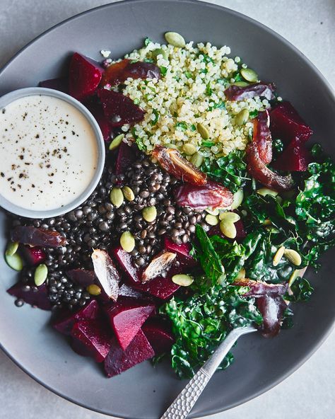 Spicy Beet Balance Bowls with Beluga Lentils, Dates and Hummus Dressing - Good Eatings Beluga Lentils Salad, Lentil And Beet Salad, Black Lentil Bowl, Beluga Lentil Recipes, Black Lentil Recipes Salad, Lentil Beet Salad, Beluga Lentil Salad, Lentils Bowl, Beluga Lentils Recipes