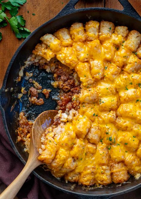 Sloppy Joe Tater Tot Casserole combines the flavors of a classic sloppy joe with the addition of tater tots and cheese, all baked together for a satisfying dish. And, it's made in one oven-safe skillet for easy preparation and clean up! Tator Tot Recipe, Sloppy Joe Tater Tot Casserole, Beef Tater Tot Casserole, Summer Casseroles, Homemade Sloppy Joe Recipe, Cheese All, Homemade Sloppy Joes, Cheese Baked, Tot Casserole