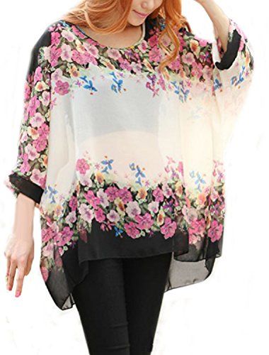 iNewbetter Womens Floral Batwing Sleeve Loose Blouse Tunic Tops -- Learn more by visiting the image link.(It is Amazon affiliate link) #sf Chiffon Tops Blouses Classy, Chiffon Tops For Women Trendy, Cheap Womens Fashion, Chiffon Tops Blouses, Flattering Outfits, Chic Gowns, Bohemian Tops, Cover Beachwear, Plus Size Top