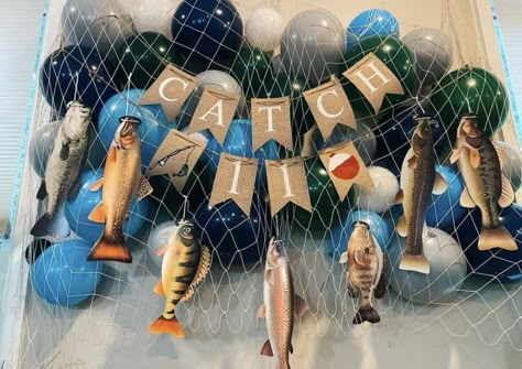 Boys fishing theme party Fishing Party Decor, Fishing Party Food, Fishing Birthday Party Boys, Boys 8th Birthday, Fish Centerpiece, Fishing Theme Party, Fishing Themed Birthday Party, Sleepover Tents, Fishing Birthday Party