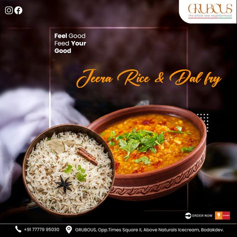 Rice & Dal Lovers, Rejoice! Taste the Magic of Jira Rice & Dal Fry at Grubous !!! . Feel Good, Feed Your Good !!! . Locate Us : Grubous, Opp. Times Square ||, above Naturals Ice Cream, Bodakdev. . #grubous #ricedal #dalrice #dalfry #jirarice #veg #vegdelights #chinesecuisine #chinese #springroll #manchurian #paneerchilly #dimsum #momos #vegrestaurant Jeera Rice And Dal Fry, Jira Rice, Munchies Food, Natural Ice Cream, Dal Fry, Best Logo Maker, Catering Design, Hotel Ads, Veg Restaurant