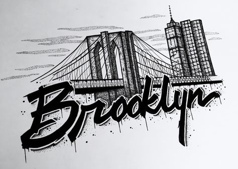 Brooklyn Typography Illustration. Artist: Kurt Smale Brooklyn Bridge Tattoo Ideas, Brooklyn Bridge Tattoo Design, Brooklyn Tattoo Ideas New York, Brooklyn Tattoo Ideas, Brooklyn Bridge Tattoo, Brooklyn Typography, Calligraphy Tattoo Fonts, New York Drawing, Bridge Tattoo