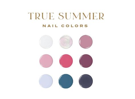 Buy 200 Best Nail Polish Colors for True/cool Summers: Shades online on Etsy India. Shop for handmade, vintage and unique Womens Clothing items from TheRefinedWardrobe online on Etsy Best Nail Polish For Cool Skin Tones, Summer Palette Nail Colors, Cool Summer Palette Nails, Winter Nail Color Combos, True Summer Eyeshadow Palette, Nail Colour Palette, True Summer Color Palette Nail Polish, True Summer Nails, Summer Color Palette Nails