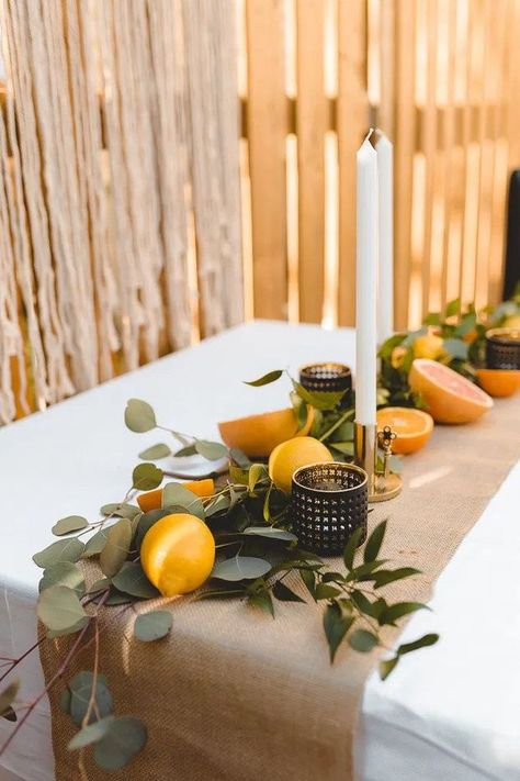 Citrus inspired table decor Orange Tablescape, Citrus Party, Lemon Centerpieces, Simple Table Decorations, Summer Table Decorations, Summer Table Runner, Simple Table Settings, Friends Enjoying, Brunch Decor