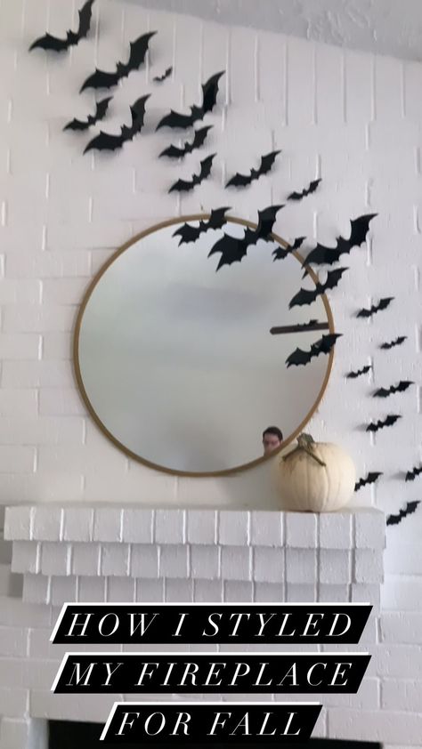 Bats From Fireplace, Bats On Fireplace, Bats On Mirror Halloween, Bats Coming Out Of Fireplace, Bats Around Circle Mirror, Bats Around Mirror, Bats Fireplace Halloween, Bat Mirror Decor, Bats Across Mirror