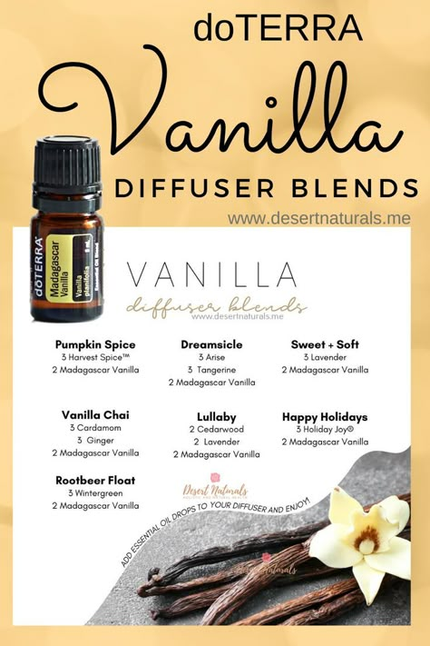 beige background, white box with essential oil diffuser recipes, bottle of doterra vanilla essential oil Doterra Madagascar Vanilla, Cozy Diffuser Blends, Vanilla Diffuser Blends, Diffuser Blends Doterra, Vanilla Candles, Doterra Oils Recipes, Fall Essential Oils, Doterra Diffuser Blends, Essential Oil Combinations