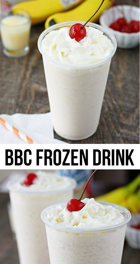 Banana Baileys Colada, Baileys Colada Recipes Drinks, Baileys Pina Colada Recipe, How To Make A Bbc Drink, Baileys Colada Recipe, Frozen Baileys Las Vegas, Banana Pina Colada Recipe, Banana Mixed Drinks, Bbc Drink Recipe