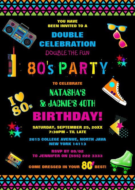 Neon 80's Joint Birthday Party Invitation Neon Birthday Invitations, Cool Birthday Invitations, 80s Birthday Party, 80s Birthday Parties, Neon 80s, 80s Birthday, Neon Birthday, Retro Birthday, 80s Party