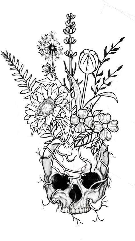 Skull flowers tattoo tattoo design basic pretty floral flower  sunflower tulip dandelion vines skull skull art Skull Flowers Tattoo, Dark Tattoo Designs, Skull Flowers, Mushroom Tattoos, Skeleton Tattoos, Flowers Tattoo, Dark Tattoo, Flower Skull, Skull Tattoos