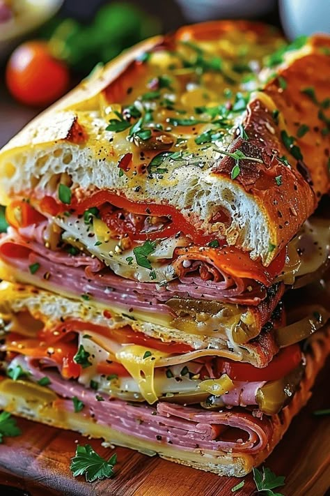 Classic Italian Sandwich, Classic Italian Muffuletta Sandwich, Grilled Italian Sandwiches, Dinner Dishes Family, Italian Sandwich Sauce, Best Italian Sandwich Recipe, Dinner Sandwich Recipes Healthy, Italian Pressed Sandwiches, Mufalleta Sandwich