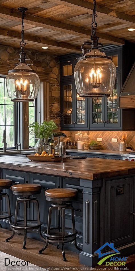 Rustic Kitchen Ceiling Ideas, Corner Kitchen Island Ideas, Cozy Cabin Kitchen, Rustic Kitchen Ideas, Lakehouse Kitchen, Farm Style Kitchen, Rustic Backsplash, Cabin Kitchens, Kitchen Inspiration Design