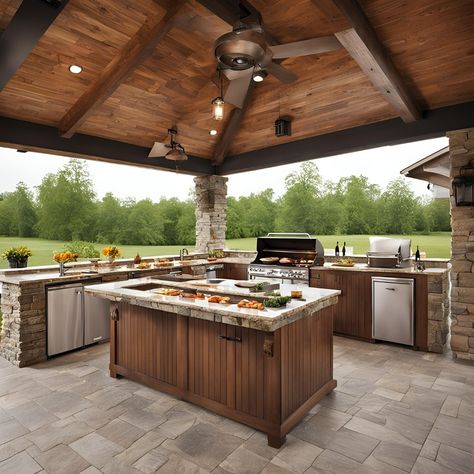 This outdoor kitchen is an entertainer's dream! With a built-in grill, a dishwasher, and a large island, you can cook and serve guests all in one spot. We love the string lights that add a touch of ambiance. What are your must-have features for an outdoor kitchen? Share your ideas in thecomments! #outdooroasis #kitchengoals #alfrescodining Pergula Ideas, Grill Island, Outdoor Kitchen Grill, Kitchen Accessories Decor, Built In Grill, Island With Seating, Outdoor Kitchens, Outdoor Kitchen Design, Accessories Decor