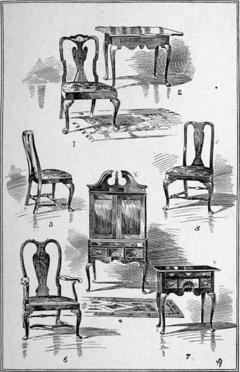 Queen Anne. VII. Plate 28 Furniture Styles Guide, Queen Anne Furniture, History Of Furniture, Queen Anne Chair, Interior Design History, Drawing Furniture, Carpentry And Joinery, Furniture Design Sketches, New Victorian