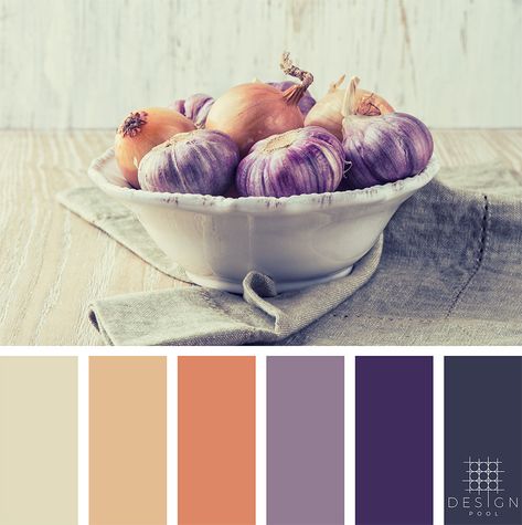 Color Palettes from Design Pool - Color and Design Specialists - Purple, Orange, Cream, Onions.   Sign up for our trend letter and view all of our great designs for residential and commercial interiors on www.designpoolpatterns.com Onion Colour, Brand Colour Schemes, Orange Color Palettes, Geometric Diamond Pattern, Purple Color Palettes, Pool Colors, Good Color Combinations, Design Basics, Color Palette Design