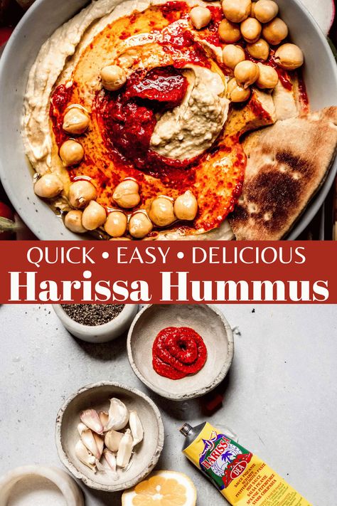 This Harissa Hummus recipe will have you hooked with its spicy, smoky, and wonderfully aromatic flavor. Harissa Hummus, Spicy Hummus Recipe, Jalapeno Hummus, Spicy Hummus, Harissa Recipes, Hummus Recipes, Hummus Recipe Homemade, Bread Snacks, Healthy Family Meals