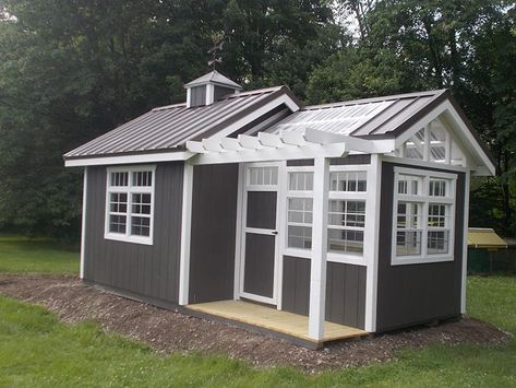 Green House Shed Combo, Window In Gable, Shed Greenhouse Combo, Rustic She Shed, Greenhouse Addition, Greenhouse Shed Combo, Shed Greenhouse, Porch Pergola, Greenhouse Shed