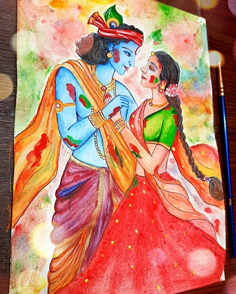 In this painting Radha Krishna are playing holi Radha Krishna Playing Holi Paintings, Holi Festival Painting, Holi Painting Watercolor, Holi Artwork, Painting Radha Krishna, Holi Painting, Holi Drawing, Krishna Holi, Festival Paint