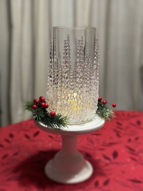 Dollar Tree Icicle Vase Tutorial - Craftsy Soul Let It Snow Table Centerpiece, Dollar Tree Candle Crafts Christmas, Diy Christmas Icicles, Diy Candles From Dollar Tree, Ideas For Candle Holders, Christmas Vase Crafts, Icecicles Decorations, Christmas Cylinder Vase Decorating Ideas, Diy Christmas Vase Ideas