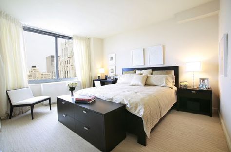 Dresser At Foot Of Bed, Nyc Studio Apartments, Walnut Bed, Manhattan Apartment, New York City Apartment, Sutton Place, Luxury Condo, Foot Of Bed, Luxury Apartments