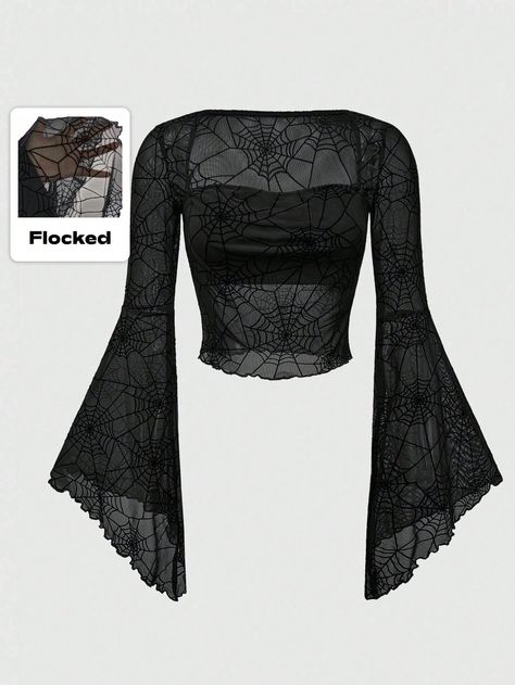 Gothic Halloween Square Collar Spider Web Flared Sleeve Tight Fit Women Blouse Black Casual  Long Sleeve Mesh Fabric Halloween,Plain  High Stretch  Women Clothing, size features are:Bust: ,Length: ,Sleeve Length: Goth Casual, Goth Tops, Goth Shirt, Extra Long Sleeves, Goth Outfits, Dark Fashion, Inspiration Mode, Spider Web, Black Casual