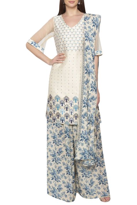 Buy Printed Kurta Palazzo Set by SOUP by Sougat Paul at Aza Fashions Kurta Palazzo Set, White Kurta, Palazzo Set, Women Kurta, Straight Kurta, Buy Prints, Sheer Sleeves, Mother Of The Groom, Indian Design