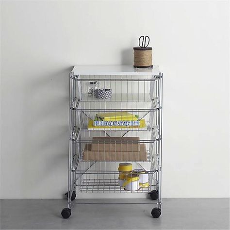 A MAX Chrome 4-Drawer Cart With White Top (the top is made of metal) has two locking wheel castors and is $109.95 from Crate & Barrel. Snack Cart, Drawer Cart, Craft Cart, Storage Furniture Bedroom, Modular Shelving, Storage Cart, Crate Storage, Modern Dresser, Bookcase Shelves