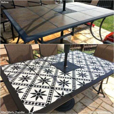 Outdoor Tile Table, Tile Patio Table, Bathroom Stencil, Diy Backyard Decor, Yard Oasis, Floor Stencils, Concrete Painting, Tile Stencils, Diy Stencils