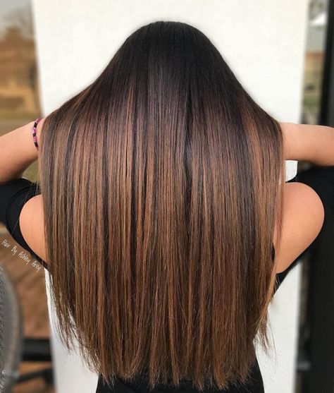 Shimmering Brown Balayage Highlights Partial Highlights For Dark Hair Straight, Caramel Hair Highlights, Balayage Straight, Balayage Straight Hair, Brown Straight Hair, Rambut Brunette, Emerald Forest, Hair Color Caramel, Caramel Hair