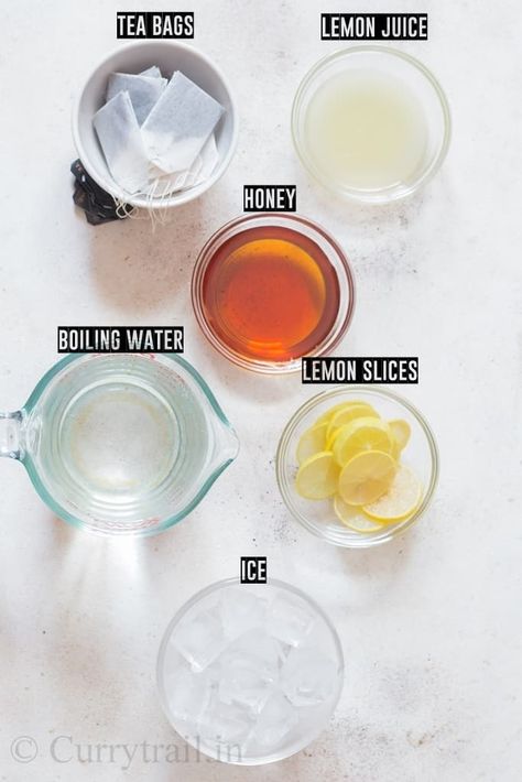 ingredients list of sweet lemon iced tea recipe Homemade Lemon Iced Tea, Honey Lemon Tea Recipe, Lemon Ice Tea Recipe, Lemon Ice Tea Recipe Homemade, Ice Tea Recipe Homemade, 30 Day Healthy Eating Challenge, Honey Tea Recipe, Lemon Tea Recipe, Homemade Ice Tea