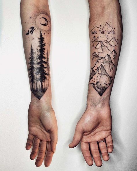 Landscape tattoos for a couple by Sasha Tattooing Mountains Tattoo, Mother Son Tattoos, 13 Tattoos, Hiking Tattoo, Tattoos Mandala, Nature Tattoo, Landscape Tattoo, Forest Tattoos, Leg Tattoo Men