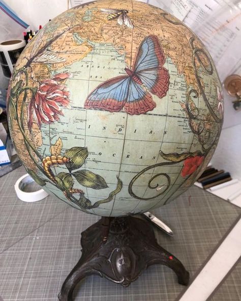 Wendy Gold Studios on Instagram: "Celebrating Sunday with one of our favorite vintage globe art designs." Painted Globe Diy, Globe Diy Projects, Globe Upcycle, Second Bathroom, Globe Diy, Globe Crafts, Globe Art, Globe Decor, Map Globe