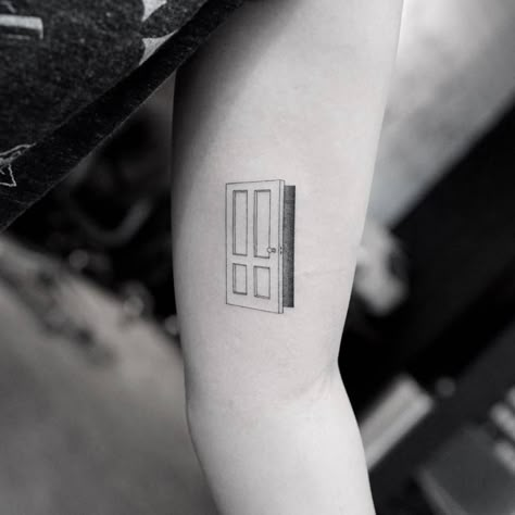 Door tattoo on the left inner arm. Open Door Tattoo Ideas, Door Tattoo Minimalist, Door Tattoo Ideas, Magic Shop Tattoo, Open Door Tattoo, The Doors Tattoo, Door Tattoos, Doorway Tattoo, Doors Tattoo