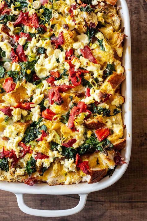 Breakfast Strata (Baked Egg Casserole | The Mediterranean Dish Egg Strata, Strata Recipes Breakfast, Breakfast Snap, Italian Seasoning Recipe, Strata Recipe, Egg Bake Casserole, Strata Recipes, Breakfast Strata, Mediterranean Breakfast