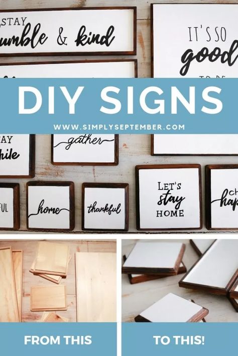 How to DIY Your Dream Farmhouse Wood Signs - Simply September Diy Home Signs Farmhouse Style, Diy Wood Signs Ideas Words Wall Decor, Homemade Signs Wood Easy Diy, Small Sign Ideas, Cricut Stencils Diy Wood Signs, Farmhouse Kitchen Signs Diy, Diy Wood Signs Ideas, Home Signs Diy, Diy Signs For The Home