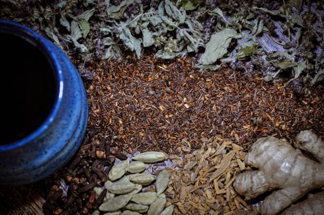 Tulsi Rooibos Spiced Chai Tea Blend Recipe - Christian Herbal Magazine Tea Blends Recipes, Tulsi Tea, Spiced Chai, Caffeine Free Tea, Food Medicine, Adaptogenic Herbs, Dried Oranges, Holy Basil, Free Tea