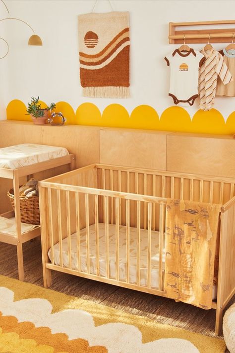 retro nursery, cot and change table in sunlit room with retro tufted carpet and wall hanging. Desert prints on baby bed linen Corner Nursery, Nursing Cover Up, Nursing Room, Weight Blanket, Desert Dreamer, Baby Nursery Inspiration, Yellow Nursery, Sweet Water, Nursery Room Design