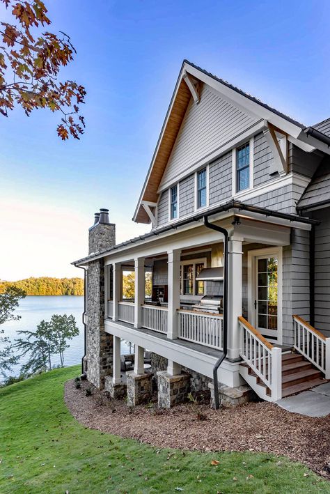 Elegant Shingle Style Country Cottage Lake House - Lake Keowee, South Carolina Country Cottage Aesthetic, Lake Keowee South Carolina, Shingle Style Architecture, Lake Keowee, Cottage Lake, Cottage Aesthetic, Lakeside Cottage, Studios Photography, Side Porch