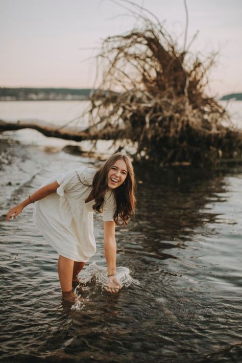 Fall Lake Senior Pictures, Senior Pictures With Passed Loved Ones, Dress In Water Senior Pictures, Creek Picture Ideas, Senior Picture Creek Ideas, Senior River Pictures, Senior Pictures In A Creek, Senior Picture Ideas Dock, Senior Picture Ideas With Water