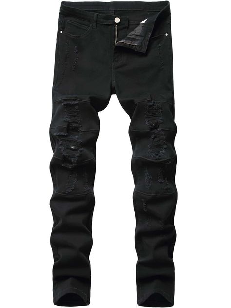 Men Ripped Zip Fly Skinny Jeans | SHEIN USA Black Ripped Edgy Pants, Black Ripped Jeans Men, Luxury Ripped Jeans For Men, Luxury Ripped Black Jeans, Jeans Pants Outfit, Luxury Ripped Men's Jeans, Cheap Jeans, Jeans Casual, Pants Outfit Men