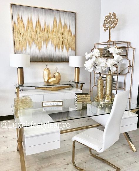 Elegant Office Decor Styling Ideas White Gold Office, Home Office Furniture Design, Interior Design Career, Feminine Home Offices, Gold Office, Cozy Home Office, Furniture Shopping, Office Furniture Design, Home Office Space